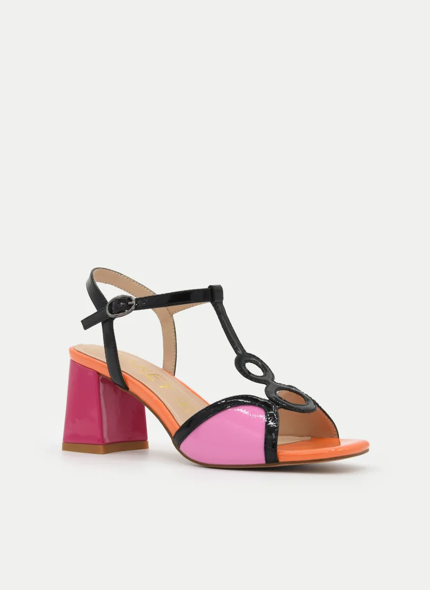 SANDALIA NEGRA MULTICOLOR DE TACÓN ROSA CON TIRA T - Imagen 3