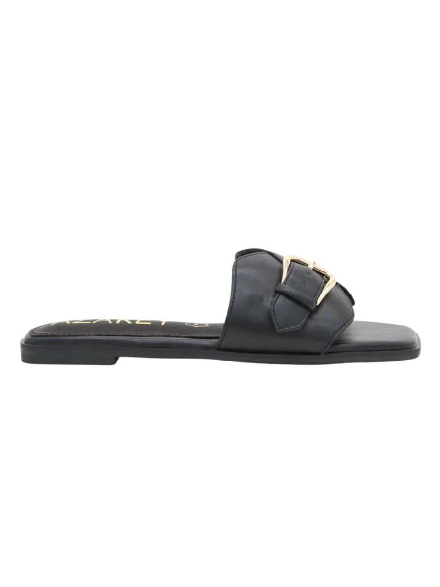 Sandalias negras planas con hebilla dorada y puntera cuadrada - Imagen 4