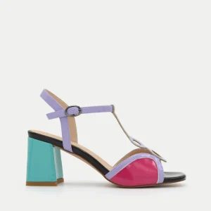SANDALIA LILA MULTICOLOR DE TACÓN CUADRADO CON TIRA T