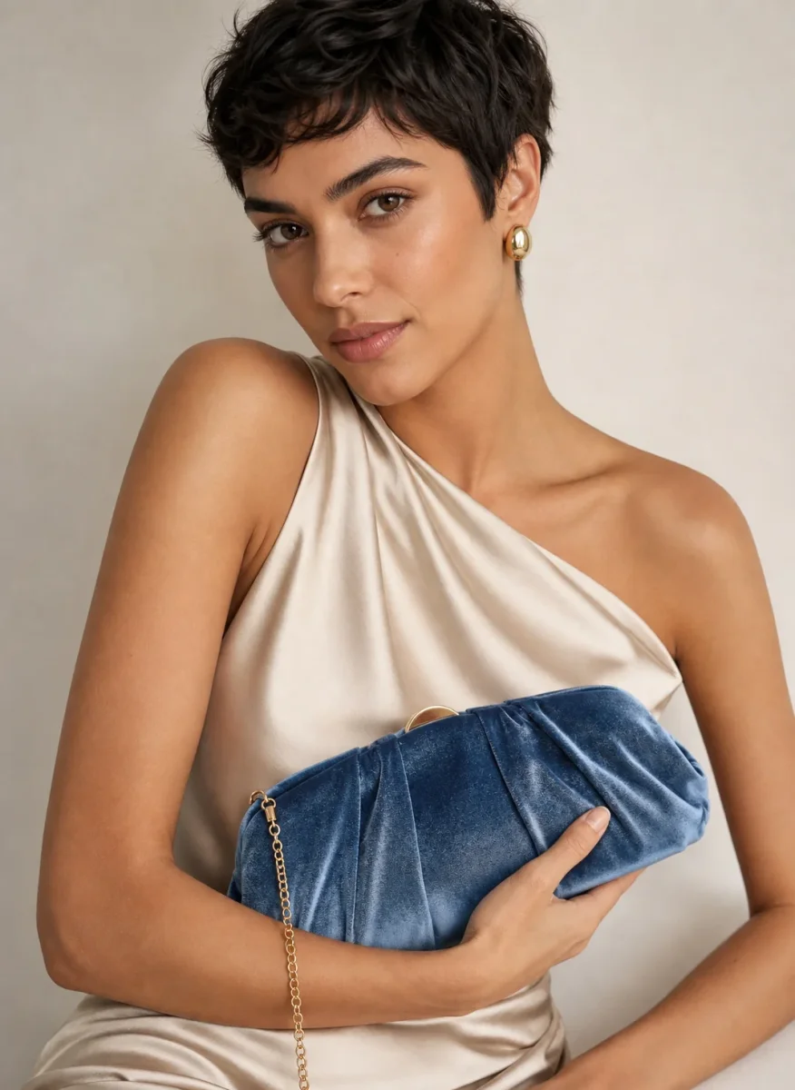 CLUTCH AZUL DE TERCIOPELO FRUNCIDO FIESTA CADENA - Imagen 3