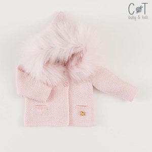Chaquetón Rosa con Pompón de Pelo Natural
