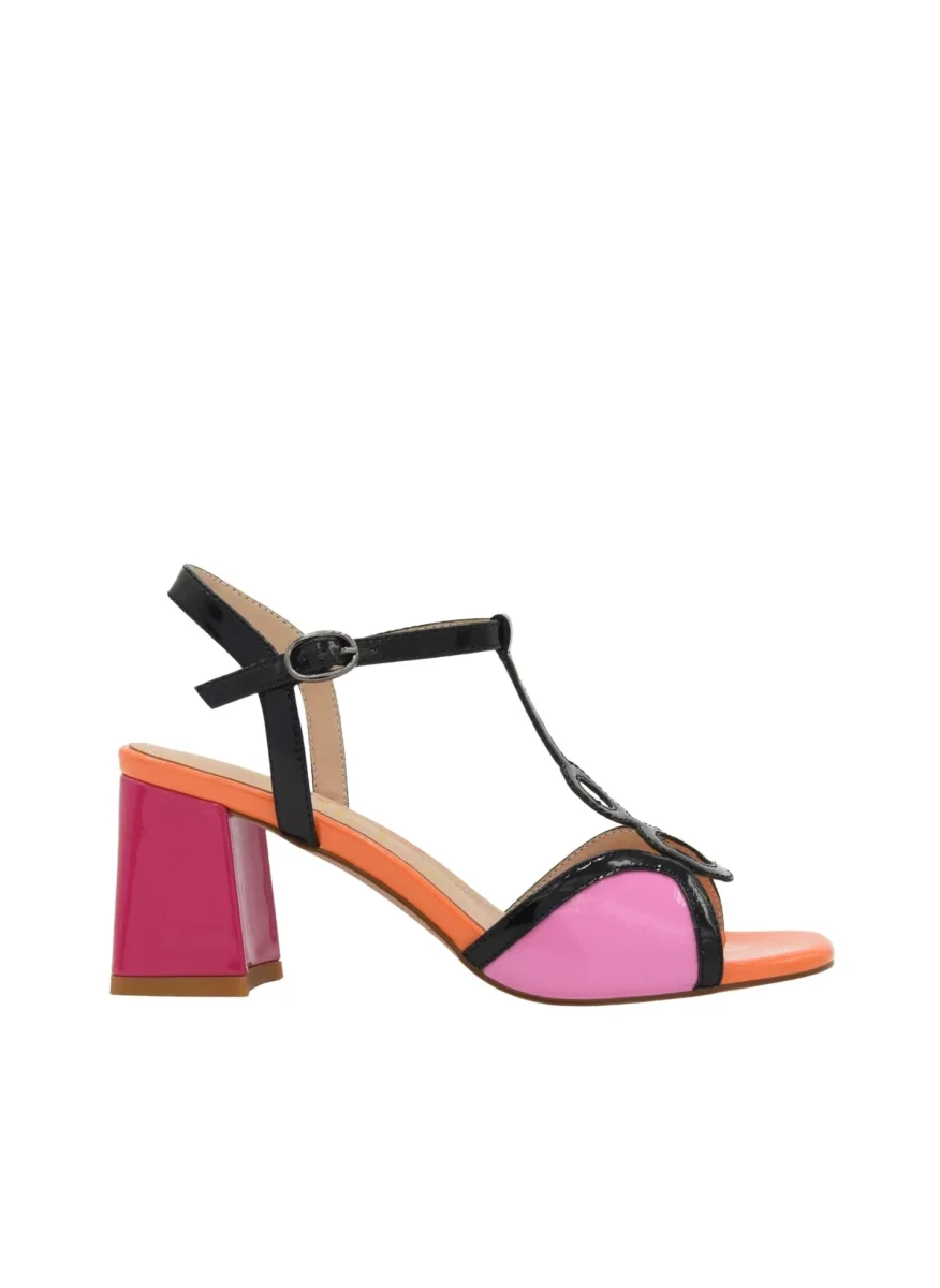 SANDALIA NEGRA MULTICOLOR DE TACÓN ROSA CON TIRA T - Imagen 4