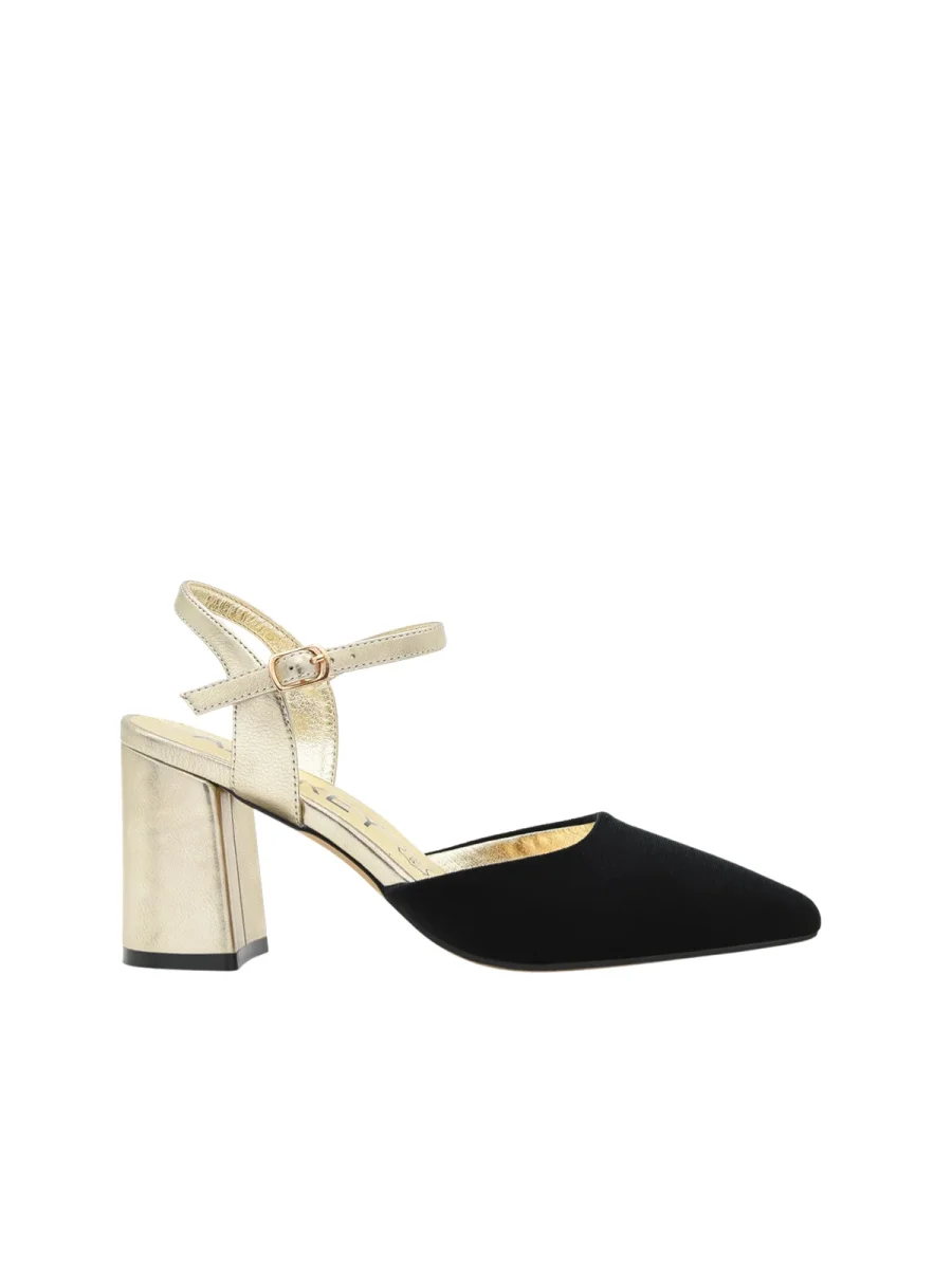Zapato de Terciopelo Negro con Tacón Dorado y correa - Imagen 4