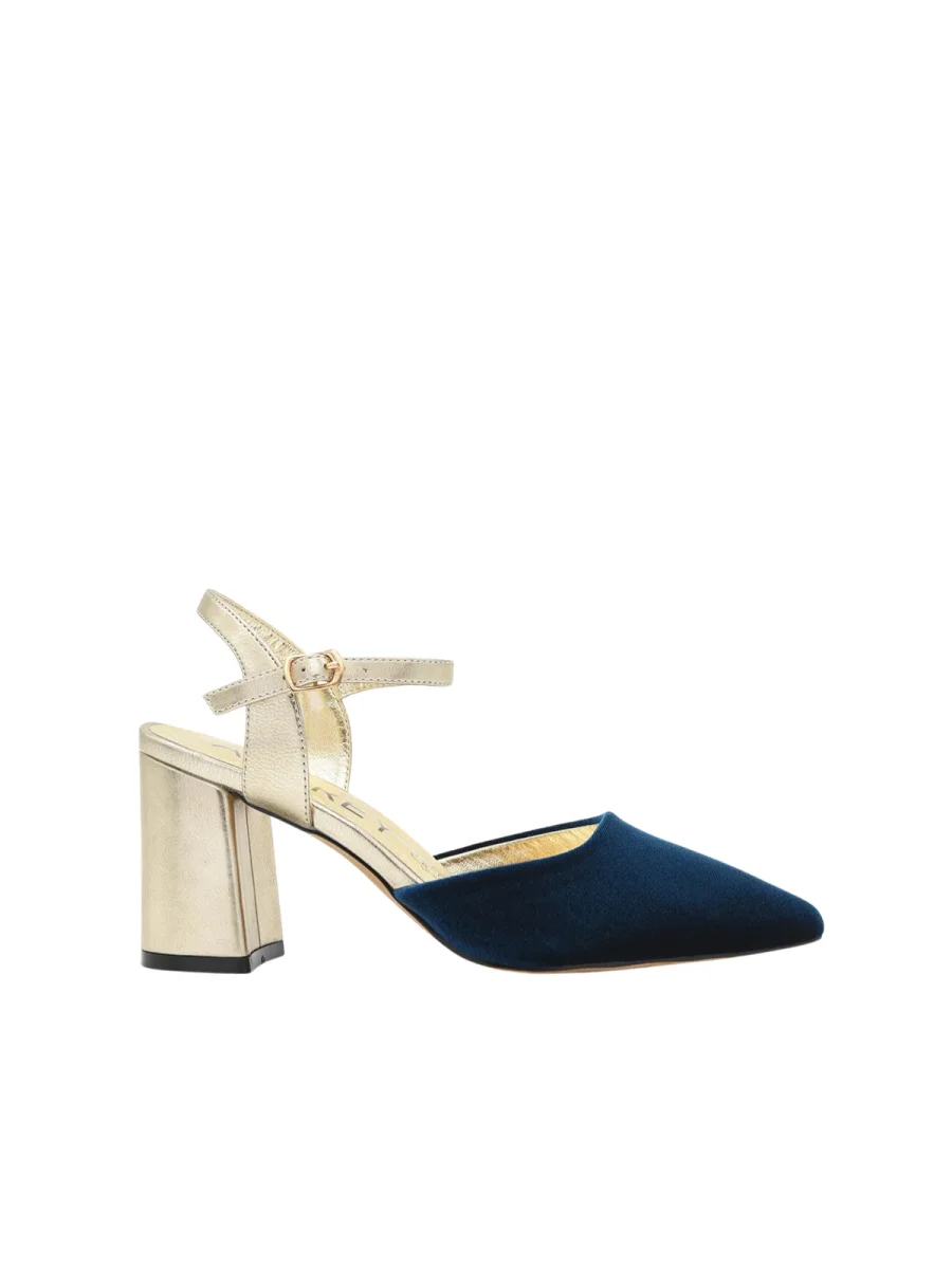 Zapato de Terciopelo Marino y tacón dorado - Imagen 4