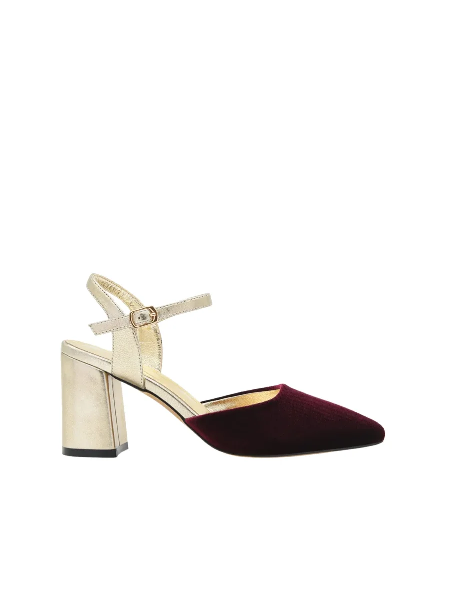 Zapato de Terciopelo Burdeos con Tacón Dorado y correa - Imagen 4