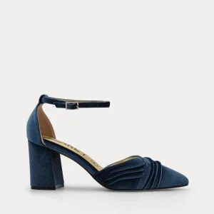 ZAPATOS DE SALÓN DE TERCIOPELO GRIS AZUL CON CORREA AL TOBILLO