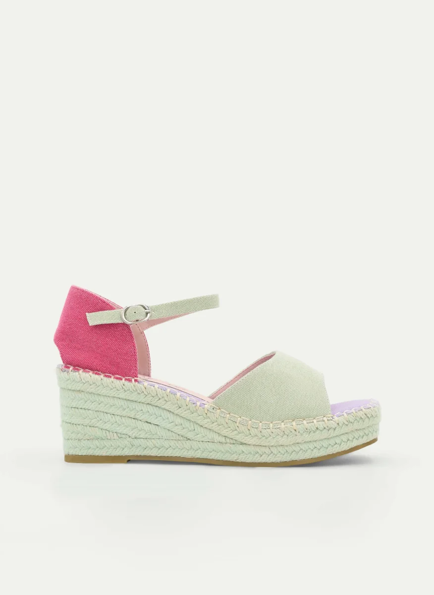 ALPARGATAS DE CUÑA VERDE Y FUCSIA CON HEBILLA