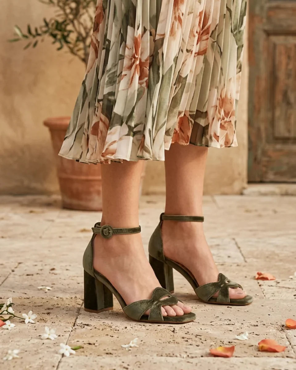 SANDALIA DE TERCIOPELO VERDE ELEGANTE - Imagen 9