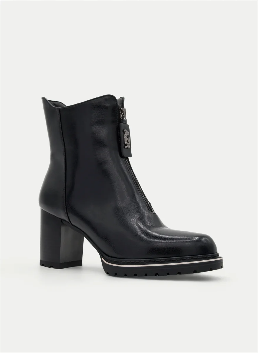 BOTINES NEGROS CON TACÓN ANCHO Y CREMALLERA FRONTAL