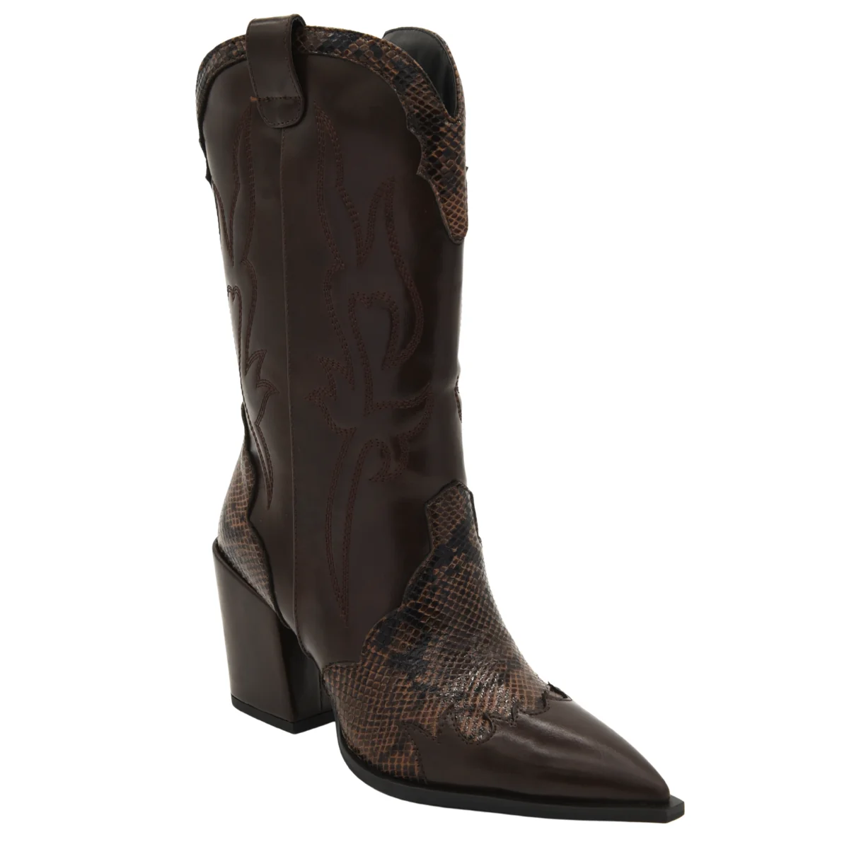 BOTA COWBOY MARRÓN EFECTO SERPIENTE TACÓN ALTO - Imagen 4