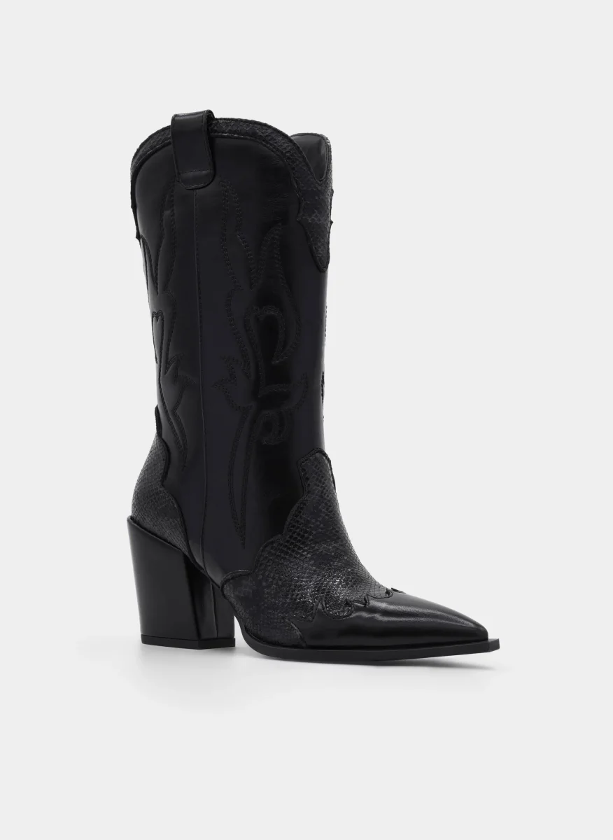 BOTA COWBOY NEGRA EFECTO SERPIENTE TACÓN ALTO - Imagen 5