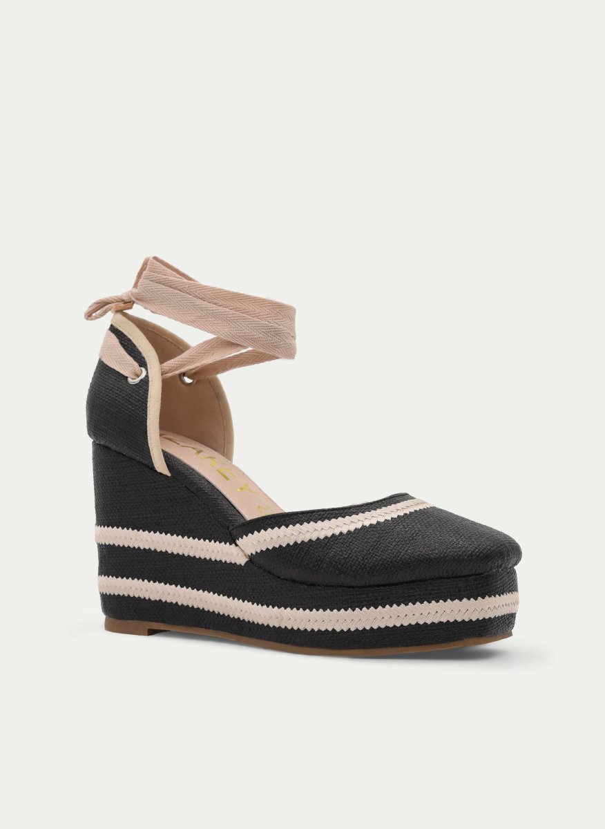 SANDALIA CUÑA NEGRA RAYAS BEIGE LAZADA - Imagen 3
