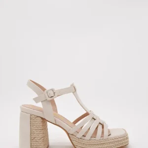 Sandalias de tacón con plataforma de yute y tiras beige