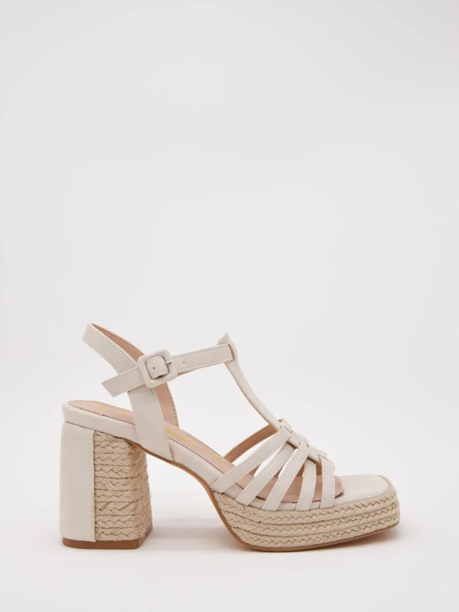 Sandalias de tacón con plataforma de yute y tiras beige - Imagen 2