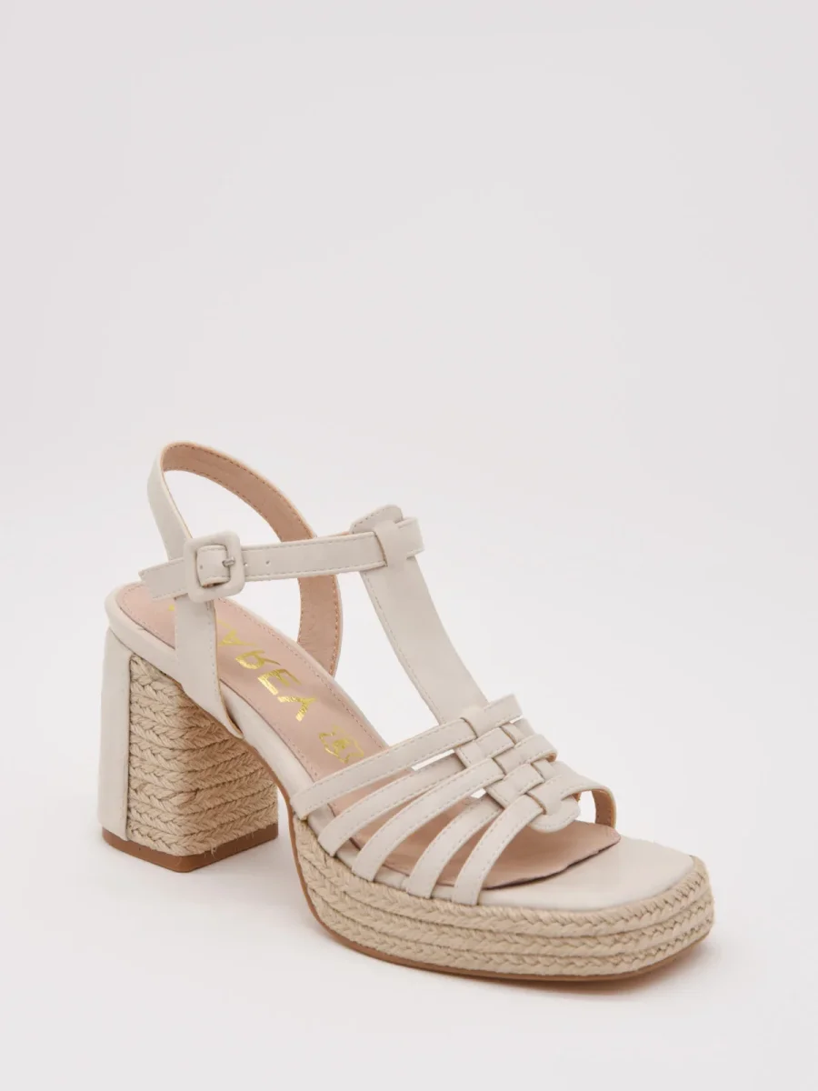 Sandalias de tacón con plataforma de yute y tiras beige - Imagen 3