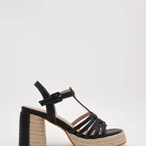 Sandalias de tacón negro con plataforma de yute