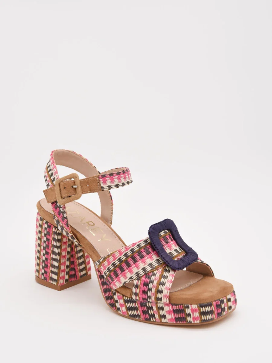 Sandalias multicolor de tacón con plataforma tejida y hebilla púrpura - Imagen 3