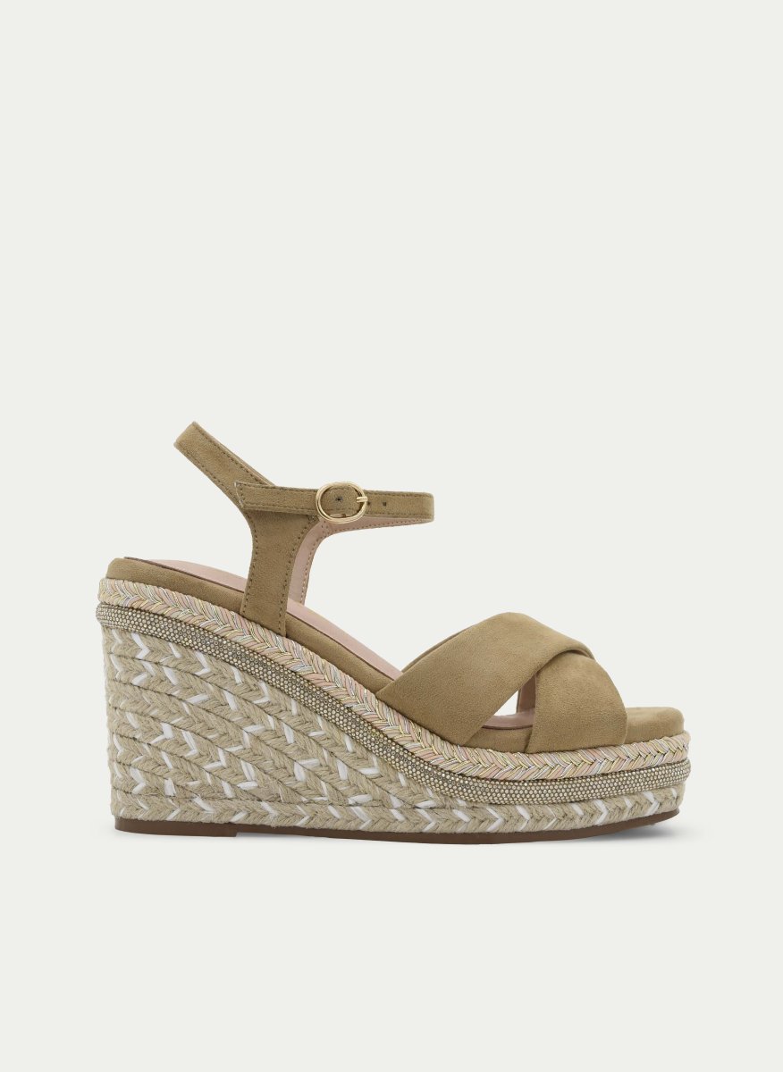 SANDALIA BEIGE CUÑA YUTE PULSERA CRUZADA