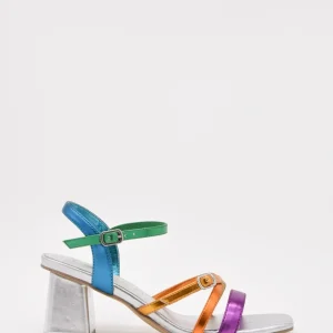 Sandalias de tacón plateado con tiras multicolor