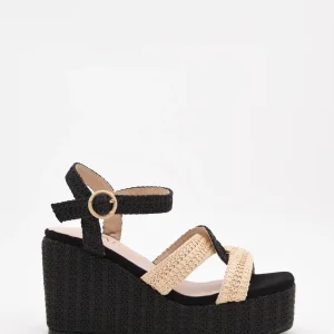 Sandalias de cuña en rafia negra y beige con plataforma