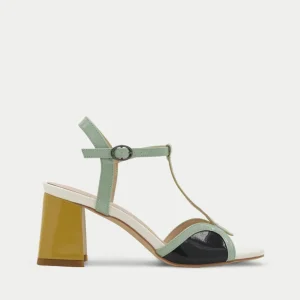 SANDALIA VERDE MULTICOLOR DE TACÓN CUADRADO CON TIRA T