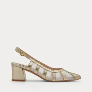 ZAPATO DESTALONADO ORO CON TUL Y TACÓN MEDIO