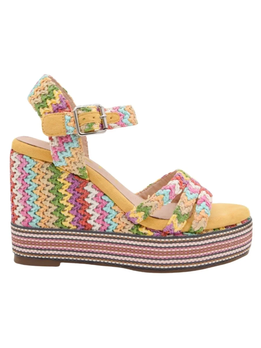 Sandalias de cuña amarillo multicolor con diseño tejido - Imagen 4