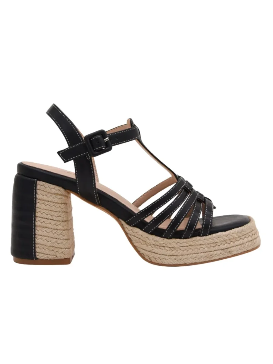 Sandalias de tacón negro con plataforma de yute - Imagen 4