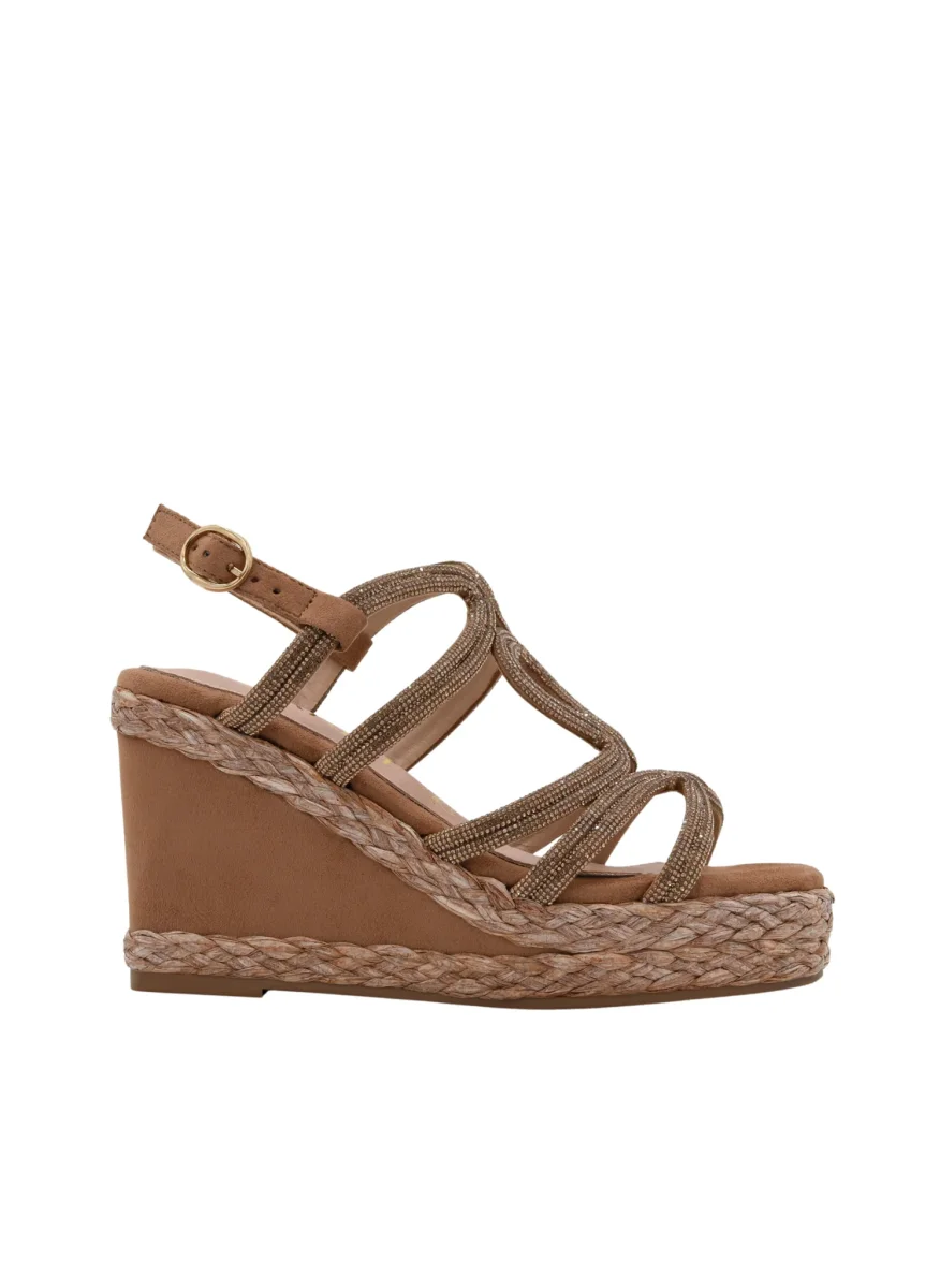 SANDALIA CUÑA BEIGE BRILLO TIRAS ENTRELAZADAS - Imagen 4