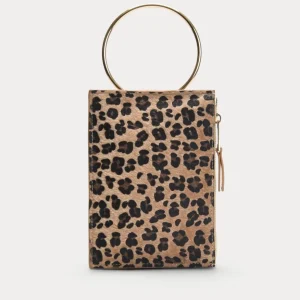 BOLSO DE MANO LEOPARDO BEIGE CON ASA DORADA