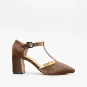 Zapato Elegante de Terciopelo Taupe con tira en el empeine