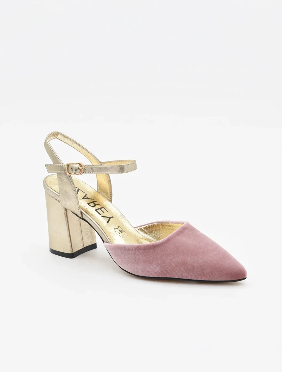 Zapato de Terciopelo Rosa con Tacón Dorado y correa - Imagen 3