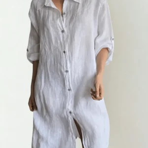 Vestido de lino Italiano, abotonado, color Blanco