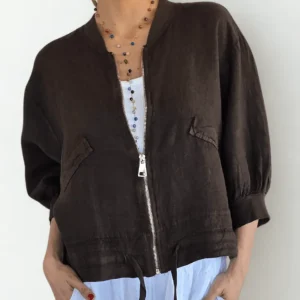 Chaqueta Bomber Italiana 100% Lino, color Chocolate