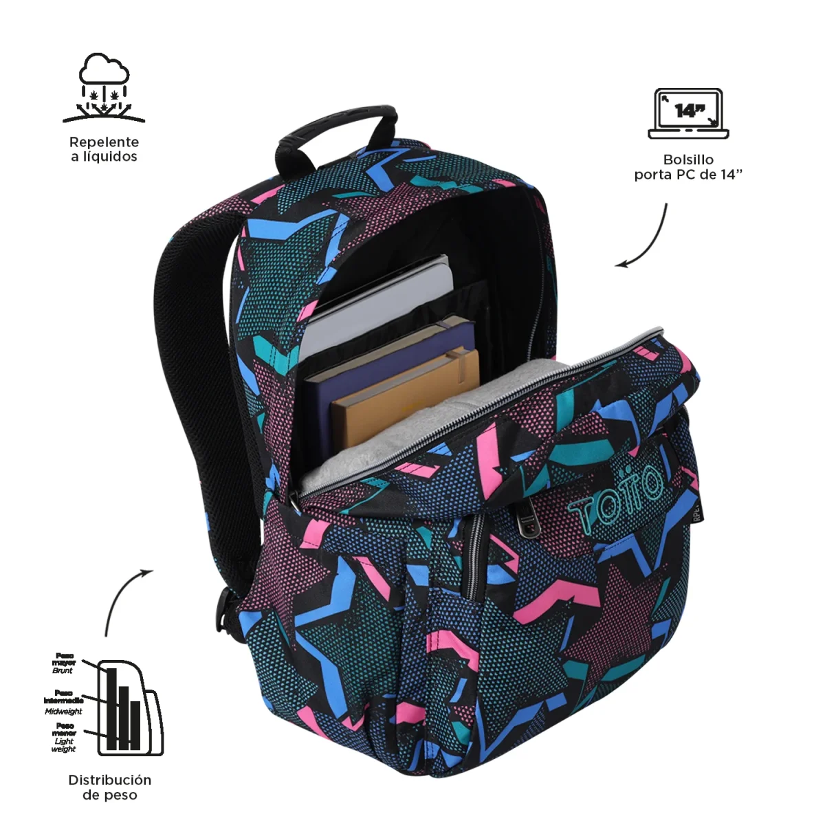 Mochila escolar adaptable a carro Totto Acuareles Lety Black - 44cm - Imagen 4