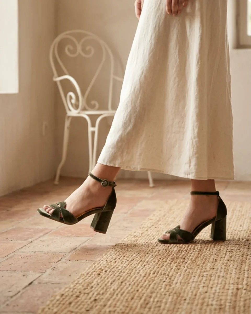 SANDALIA DE TERCIOPELO VERDE ELEGANTE - Imagen 3