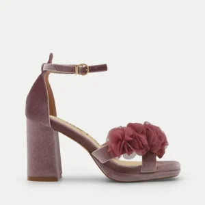 SANDALIAS CON PLATAFORMA EN TERCIOPELO ROSA CON FLORES Y TACÓN ANCHO