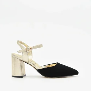 Zapato de Terciopelo Negro con Tacón Dorado y correa
