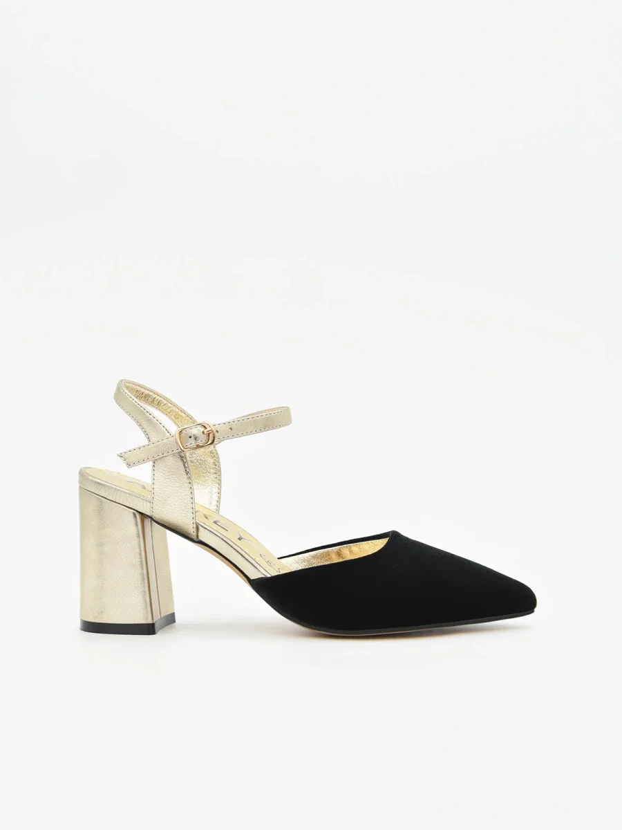 Zapato de Terciopelo Negro con Tacón Dorado y correa - Imagen 2