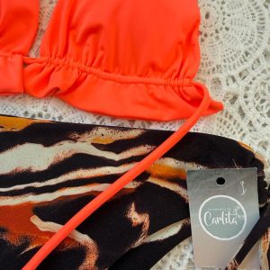 Conjunto ibiza tanga de amarres animal print cafe naranjo