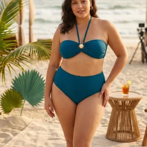 Conjunto strapless concha decorativa bottom ocean azul petroleo