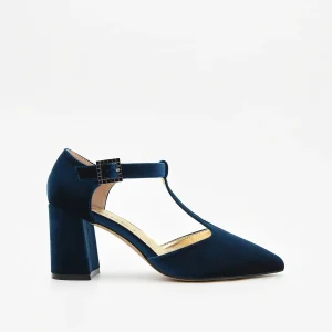 Zapato Elegante de Terciopelo Azul con tira en el empeine