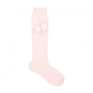 Calcetines altos canalé borlas Rosa bebé