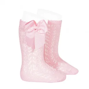 Calcetines Altos Perlé Calados con Lazo Grogrén Rosa