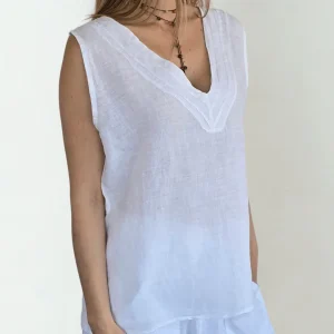 Blusa Italiana 100% Lino escote en V, color Blanco