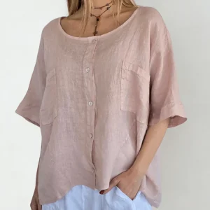 Blusa Italiana 100% Lino dos Bolsillos, color Rosado