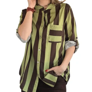 Blusa Italiana Rayada un bolsillo, color Chocolate con Pistacho