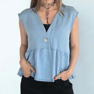 Blusa Italiana Tencel un Botón, color Celeste