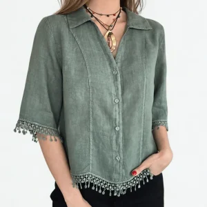 Blusa Italiana 100% Lino Bordada, color Verde