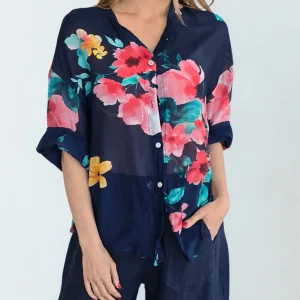 Blusa Italiana Floreada, fondo Azul